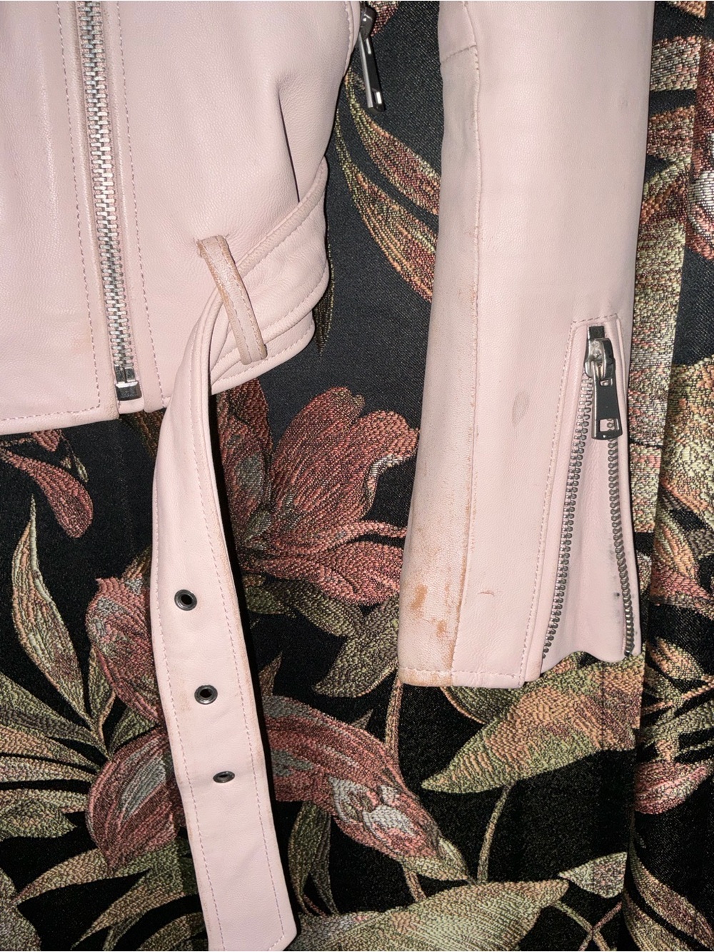 Amaryllis Pale Pink Leather Moto Jacket with Belted Waist